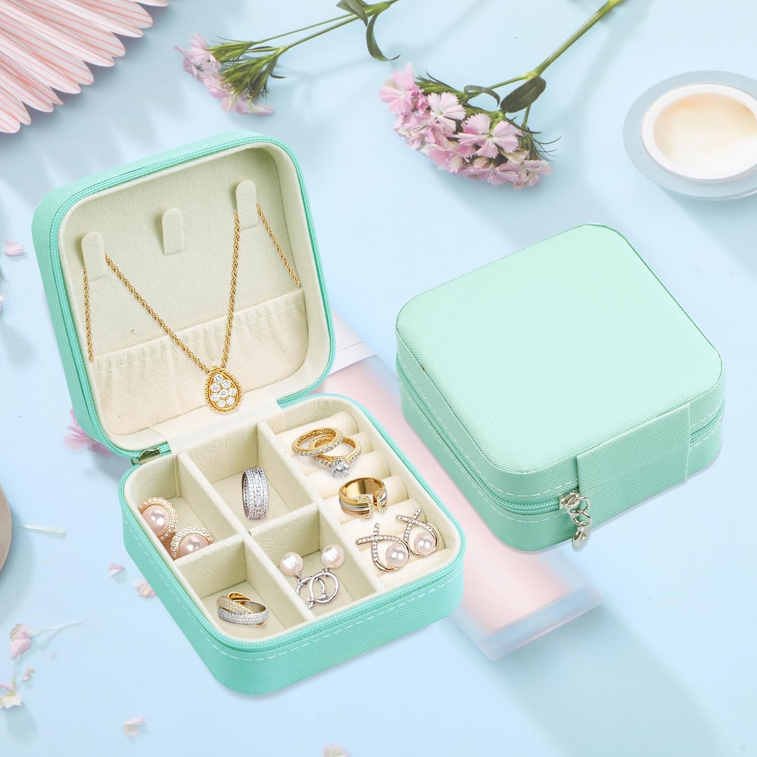 Mini Travel Jewelry Organizer Small Portable Jewelry Box Display Storage Box for Rings Earrings Necklaces Gift for Women and Girls Blue